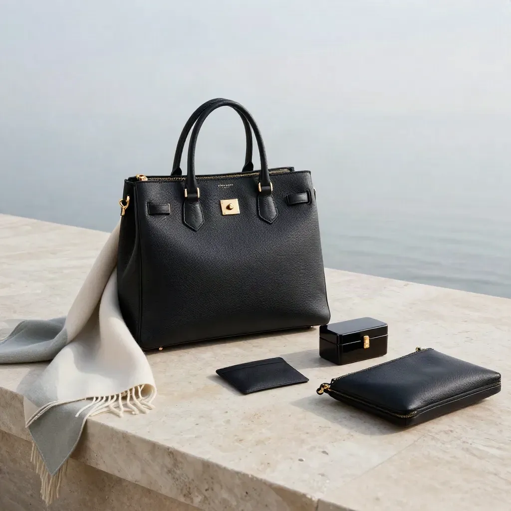 Black pebbled leather top-handle bag with gold hardware and luxe travel accessories on rain-damp limestone.