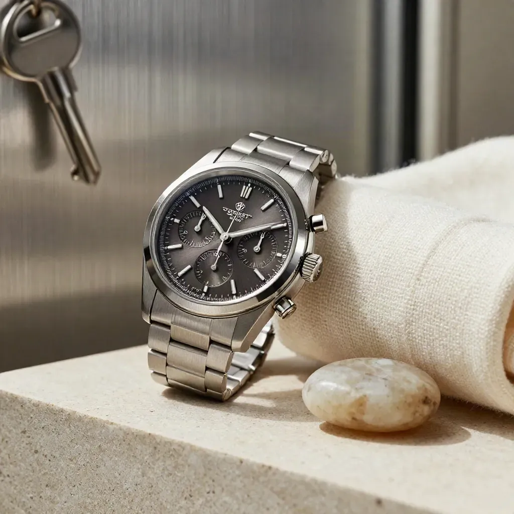 Brushed steel Swiss chronograph beside a cashmere cuff on pale stone with a polished pebble.