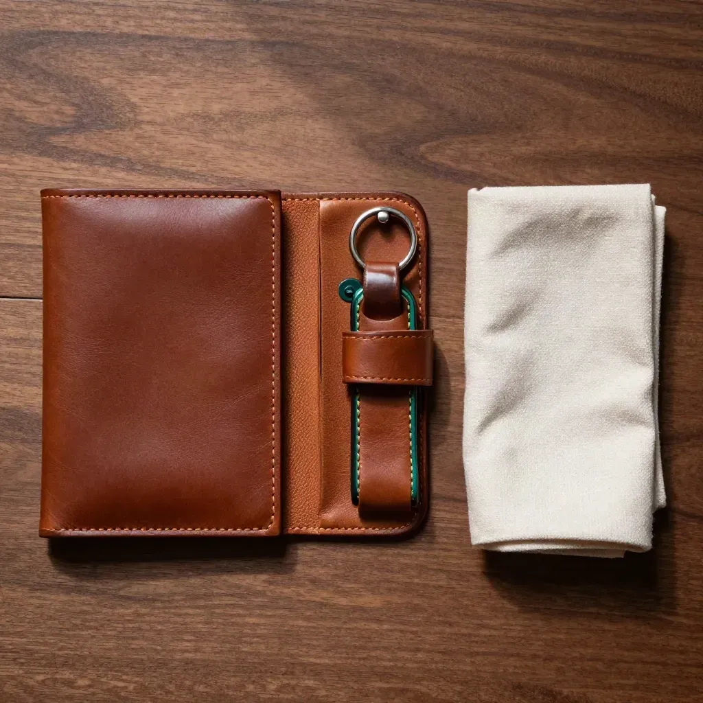 Overhead flatlay of a brown leather passport case, key fob and folded cloth on warm walnut wood.
