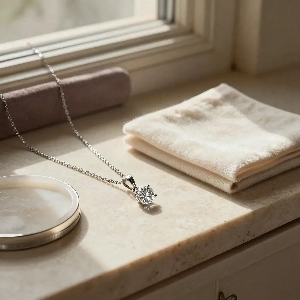 Diamond pendant necklace in an open velvet box beside cashmere and a stone tray.