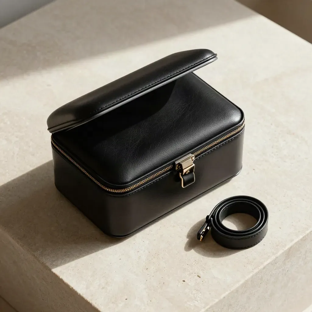 Overhead flatlay of a black leather mini vanity case with strap on pale stone